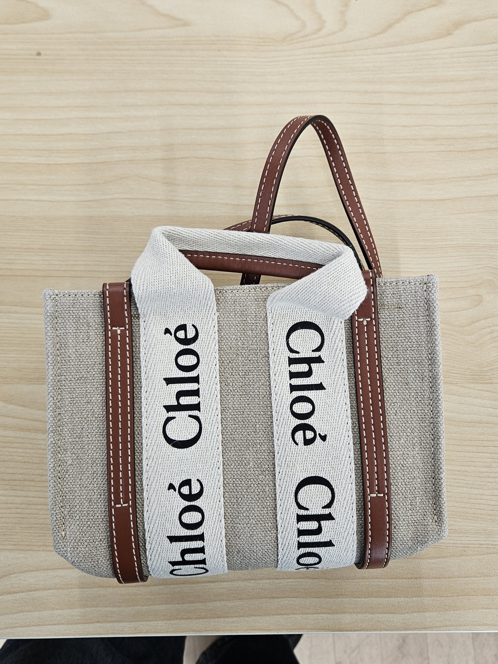 Chloé Mini Woody Beige Canvas Tote with White Logo Straps and Brown Leather Trim